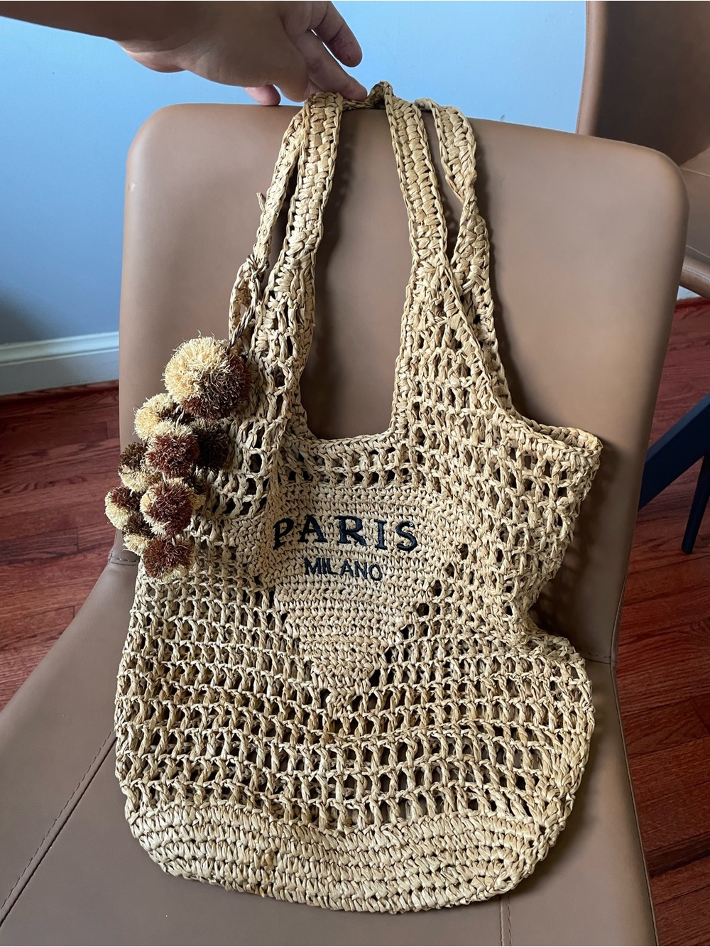 Milano Natural Straw Tote with Pom-Pom Accents